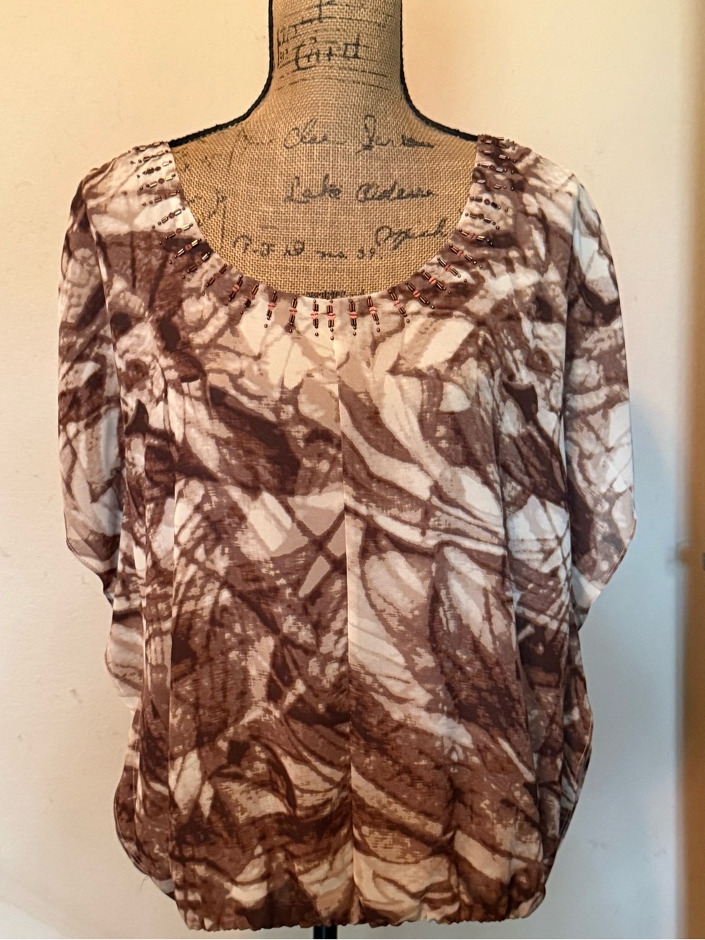 a.n.a Brown and Cream Abstract Beaded Scoop Neck Blouse